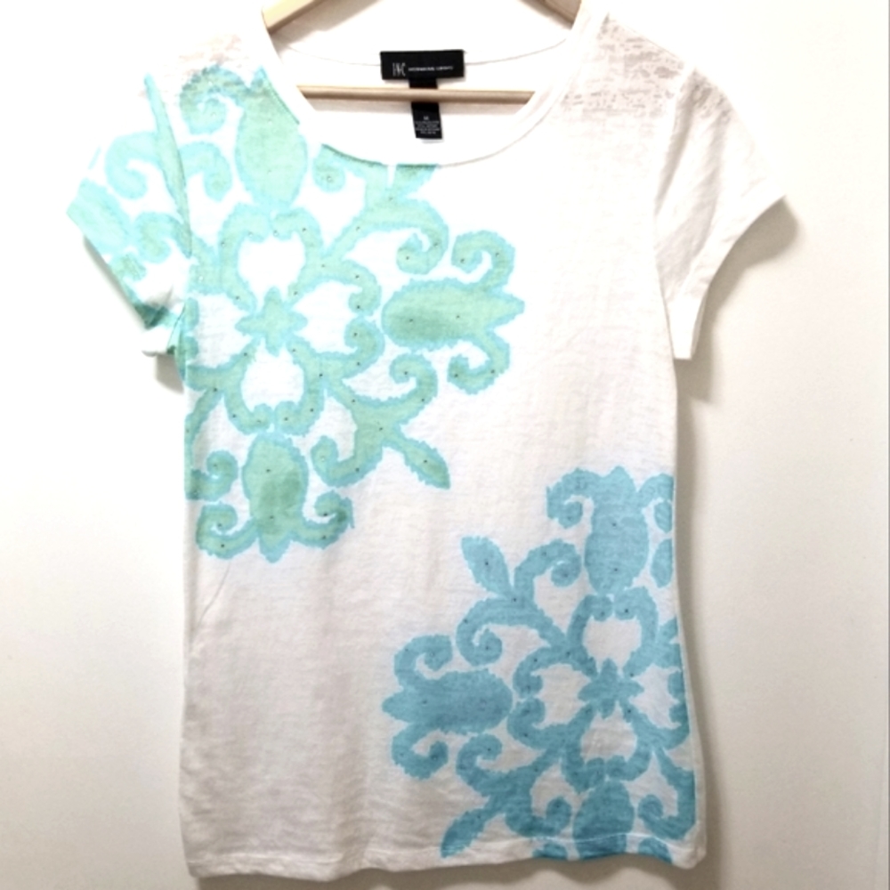 INC White and Turquoise Burn Out Top